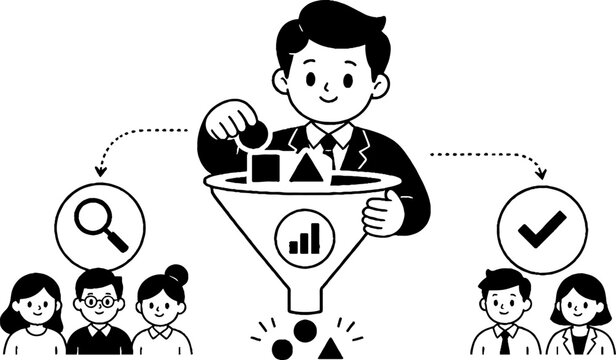 Businessman filtering candidates in recruitment process illustration.