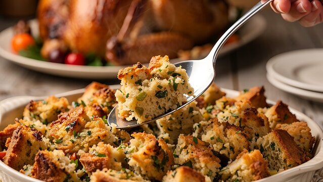 Woman serving homemade bread stuffing from baking dish for Thanksgiving dinner. Traditional holiday side dish with herbs and vegetables being scooped with spoon for festive meal.