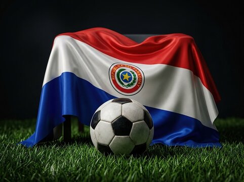 Paraguay flag draped over soccer ball on grass