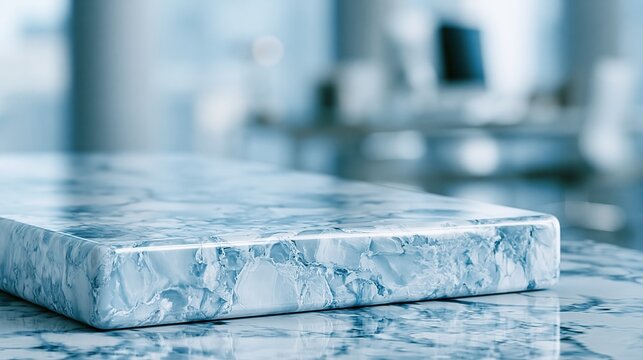 Polished blue marble table top with a smooth honed surface in a blurred modern office for professional product display and copy space