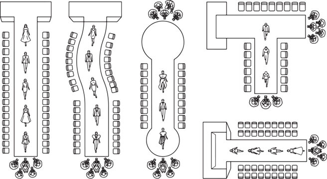 Fashion runway stage layout floor plans with seating arrangements and models in a top view vector illustration
