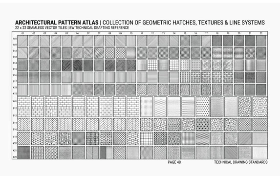 Architectural Pattern Atlas, collection of geometric hatches, textures and line systems, 22 x 10 seamless vector tiles for technical drafting reference