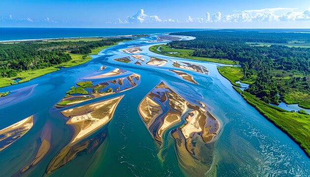 Aerial view of river delta with winding water channels and green land.