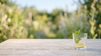 A refreshing glass of water with lemon and mint on a wooden table outdoors on a sunny day with greenery in the background