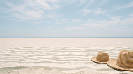Obraz premium Two straw hats on a sandy beach with a blue sky and wavy sand patterns on a sunny day