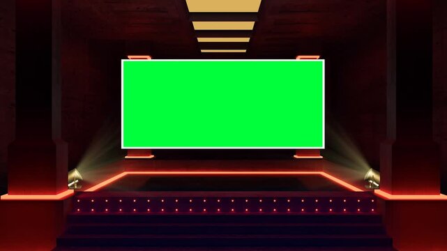 Futuristic Virtual Studio Stage Background with Blank Green Screen Display Panel and Neon Red Led Lighting Accents