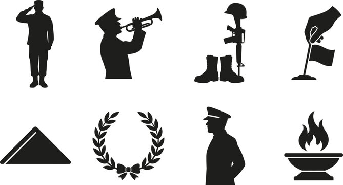 Military Memorial Day and Veterans Honor Silhouette Icon Set for Remembrance and Patriotic Tributes