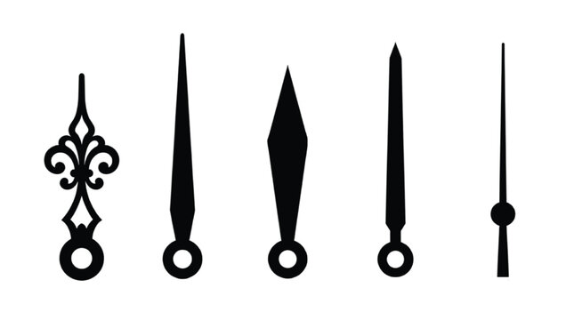 Vintage clock hands collection, black silhouette watch hand set, antique time indicator vectors for clock face design and horology projects