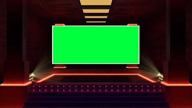 3D Sci-Fi News Studio Interior with Huge Blank Chroma Key Green Screen Monitor Panel, Neon Red Stage Lights, and Spotlight Illumination