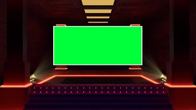 Cinematic Virtual Studio Arena with Large Blank Chroma Key Green Screen Monitor Template, Glowing Orange Led Lines, and Stage Spotlight Elements
