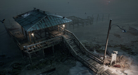 浜辺の小屋_霧に沈む浜辺の桟橋 © タラコおにぎり