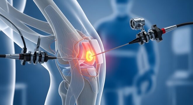 Arthroscopic knee surgery and orthopedic procedure. Minimally invasive joint repair and recovery. Medical instruments performing a surgical operation on a glowing damaged knee joint