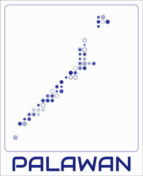 Palawan digital style map. Large circle dots on white background. Dotted shape of the island. Palawan map and title. Classy vector illustration.
