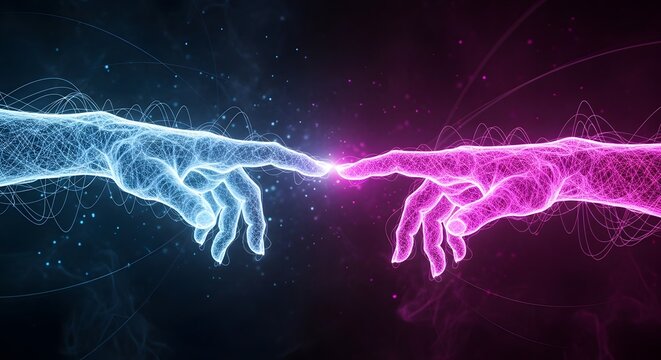 Digital connectivity and human interaction. Neural network communication and future technology. Two glowing ethereal hands touching fingertips creating a spark of energy in space