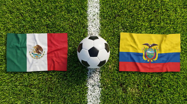 Flat Lay of Mexico and Ecuador Flags with Foot Ball on White Pitch Line