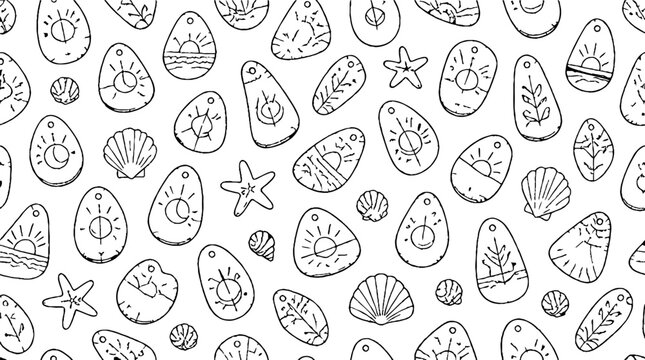 Detailed black and white seashell and starfish illustrations.