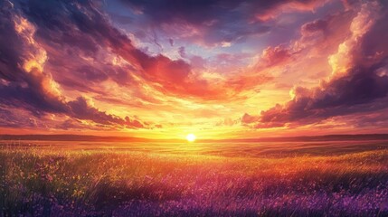 Fototapeta premium A vibrant sunset over an open field, symbolizing the harmony between nature and human health