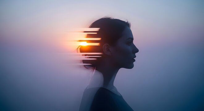 Conceptual portrait of human consciousness and digital transition. Mental health, transition, or existential evolution. Woman in profile with a motion blur sunset effect showing change