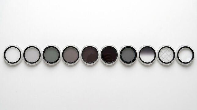 Set of ten circular camera lens filters arranged in a precise horizontal row on a clean white background showcasing various optical density and specialized glass types for professional photography