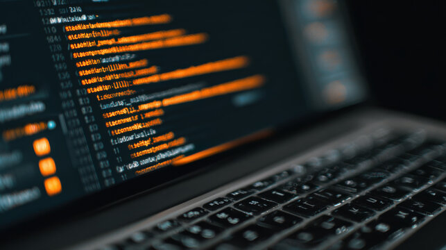 Computer screen showing lines of software code on a laptop keyboard