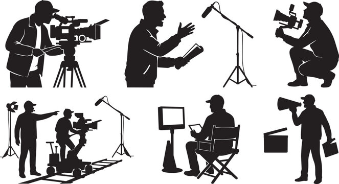 Film crew, video production, camera team, broadcasting icons, 8 black silhouette graphics