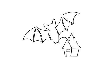 Bat flying over haunted house continuous one line art for halloween © madhuri