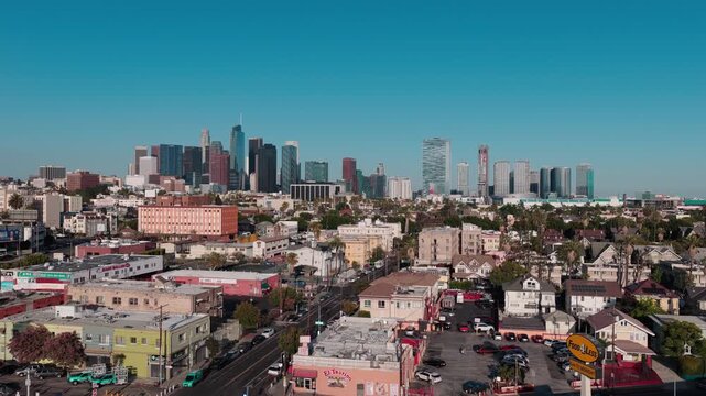 4k 24 FPS Lift Up Large Wide of Downtown Los Angeles facing East