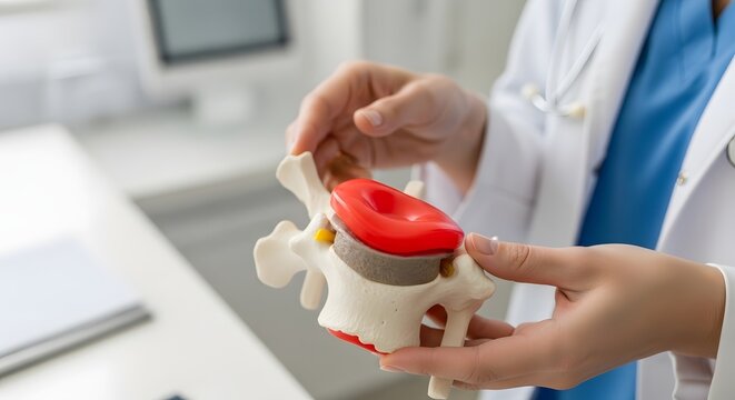 Spinal disc herniation and medical diagnosis. Orthopedic healthcare and back pain treatment. A doctor holding a model of a spine showing a red herniated disc