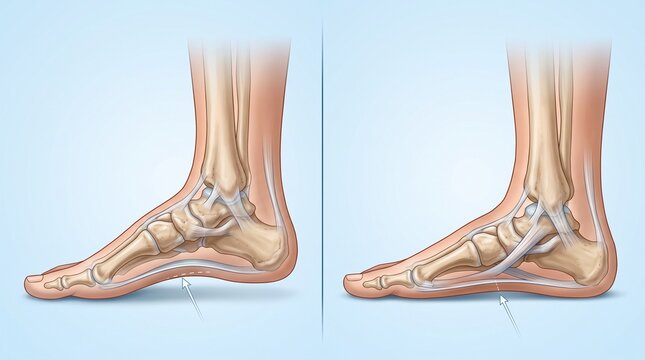 Anatomical diagram of the arch of the foot: comparison of normal condition and flat feet.