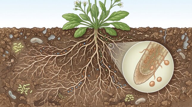 Scheme of symbiosis of roots and bacteria in soil: nitrogen fixation and transport of nutrients.