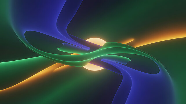 Abstract swirling shapes with luminous centers a vibrant 3d rendering in blue green and gold swirl shape forms