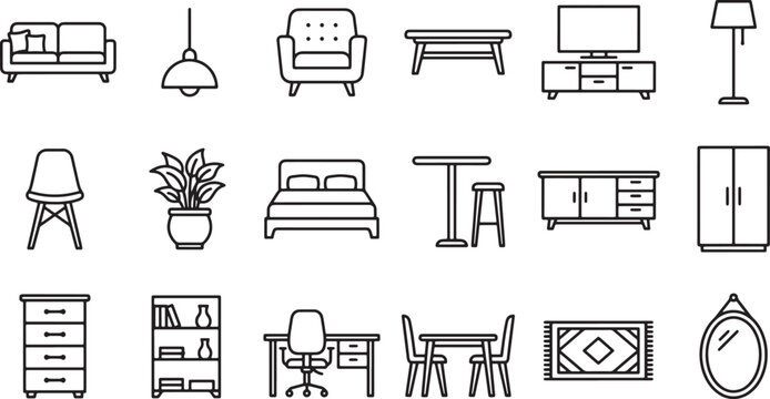 Set of furniture and home interior icons in thin line style for architectural design and web projects