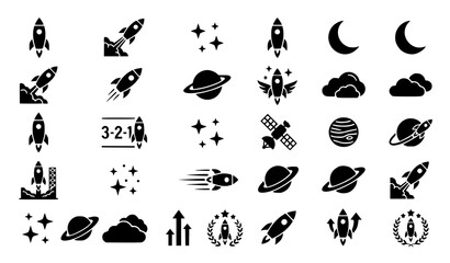 Black Rocket Ship Silhouette Icon Set with Stars Clouds and Space Launch Vector © MdShojib