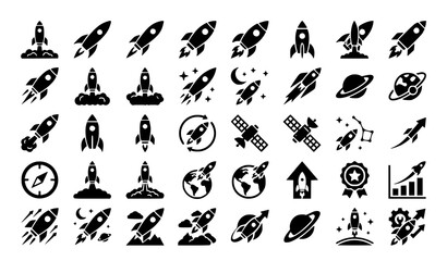 Professional Black Rocket Ship Space Launch and Startup Business Silhouette Icon Pack Vector © MdShojib