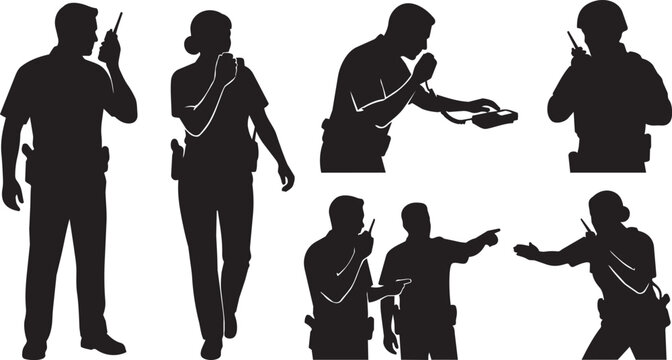 Police officers, law enforcement silhouettes, black icons, set of 7, security personnel