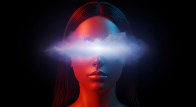 Woman face hidden by a glowing cloud. Mystery, dreams, and abstract consciousness concepts. Person with ethereal fog obscuring eyes in blue and red light