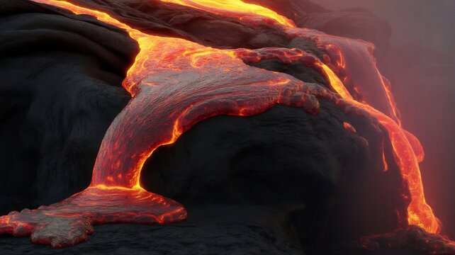 Molten lava flowing over dark rocks with vibrant orange glow