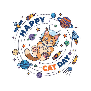 Cute orange cat in space with happy cat day text 