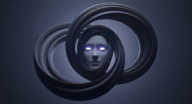 Abstract futuristic female face with glowing eyes. Digital intelligence and virtual persona. Surreal 3D render of a woman's head surrounded by flowing dark abstract ribbons