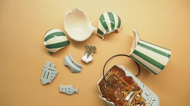 Broken pottery pieces on a flat surface