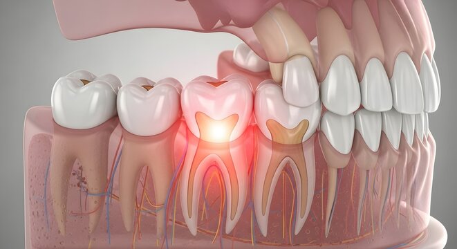 Dental infection and root canal medical procedure. Oral health pathology and treatment. Close-up 3D anatomical model showing an inflamed tooth pulp and nerve damage in the gum