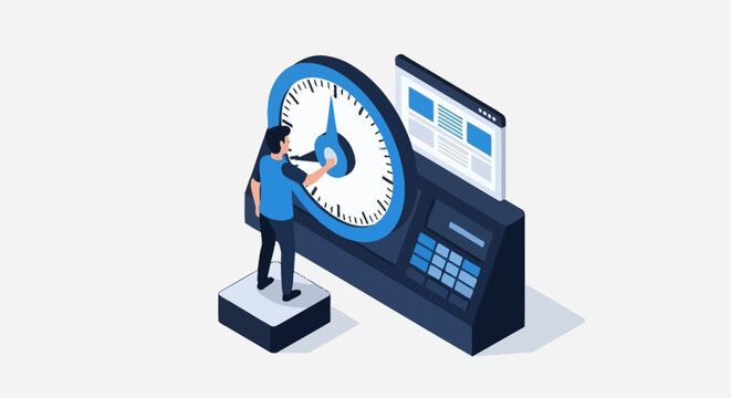 Businessman managing time with clock and laptop.