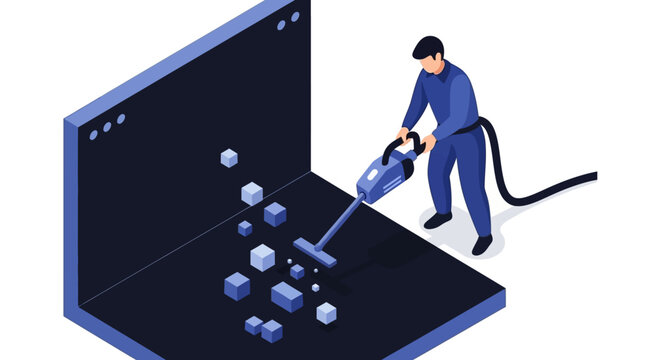 Worker using vacuum cleaner on digital data blocks.