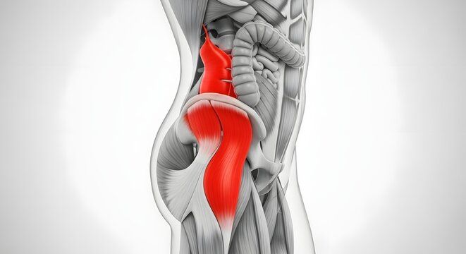 Psoas muscle and hip joint anatomy. Muscular system and physical therapy. Medical visualization of pelvic and hip region muscular structure