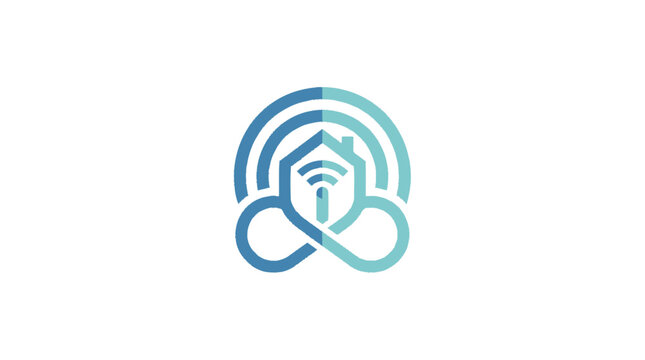 A futuristic logo illustration depicts a house with a WiFi symbol inside an infinity loop and rainbow arcs.