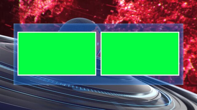 3D Television Broadcast Studio Loop with Double Green Screen Mockup Windows and Rotating Planet Globe on Red Matrix Data Grid Background