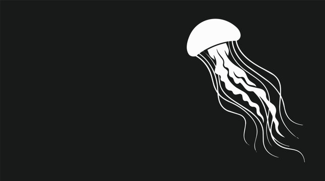 Minimal white jellyfish silhouette vector on black background with flowing tentacles, elegant marine life design, modern ocean animal illustration, negative space composition.