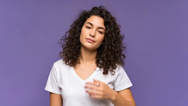 A young woman with curly hair covering her face with one hand in frustration
