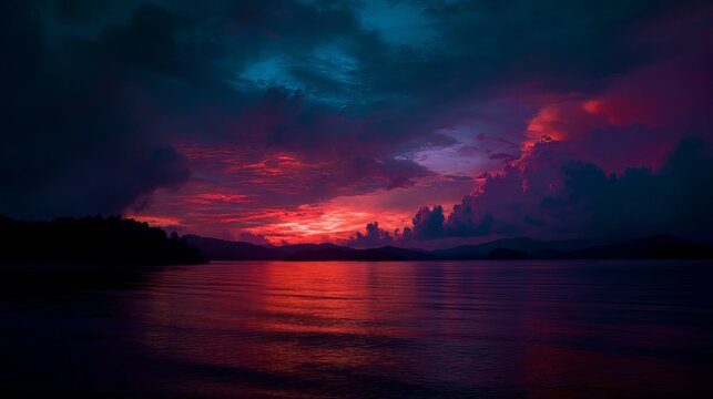 Dramatic panoramic sunrise and sunset sky with colorful clouds horizon