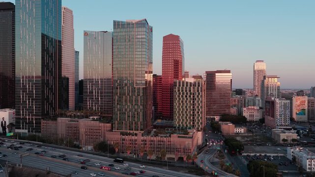 4k 24 FPS Lift Up Shot Tight on buildings in Downtown Los Angeles Reflections